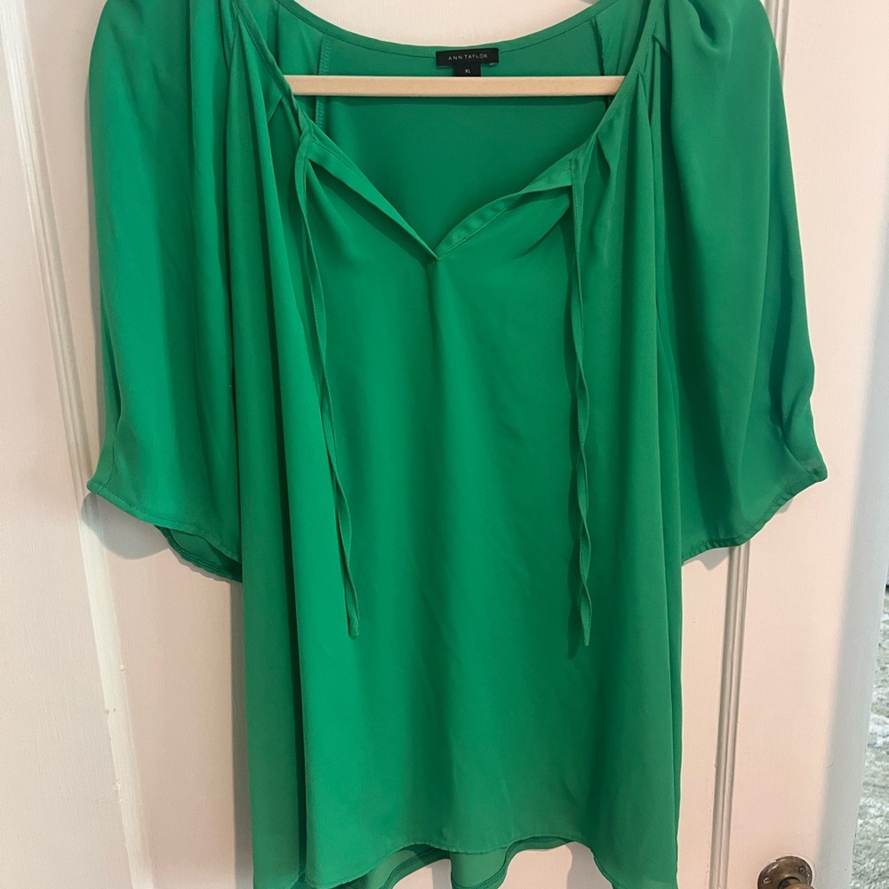 Ann Taylor Green Short Sleeve Blouse with Tie Front